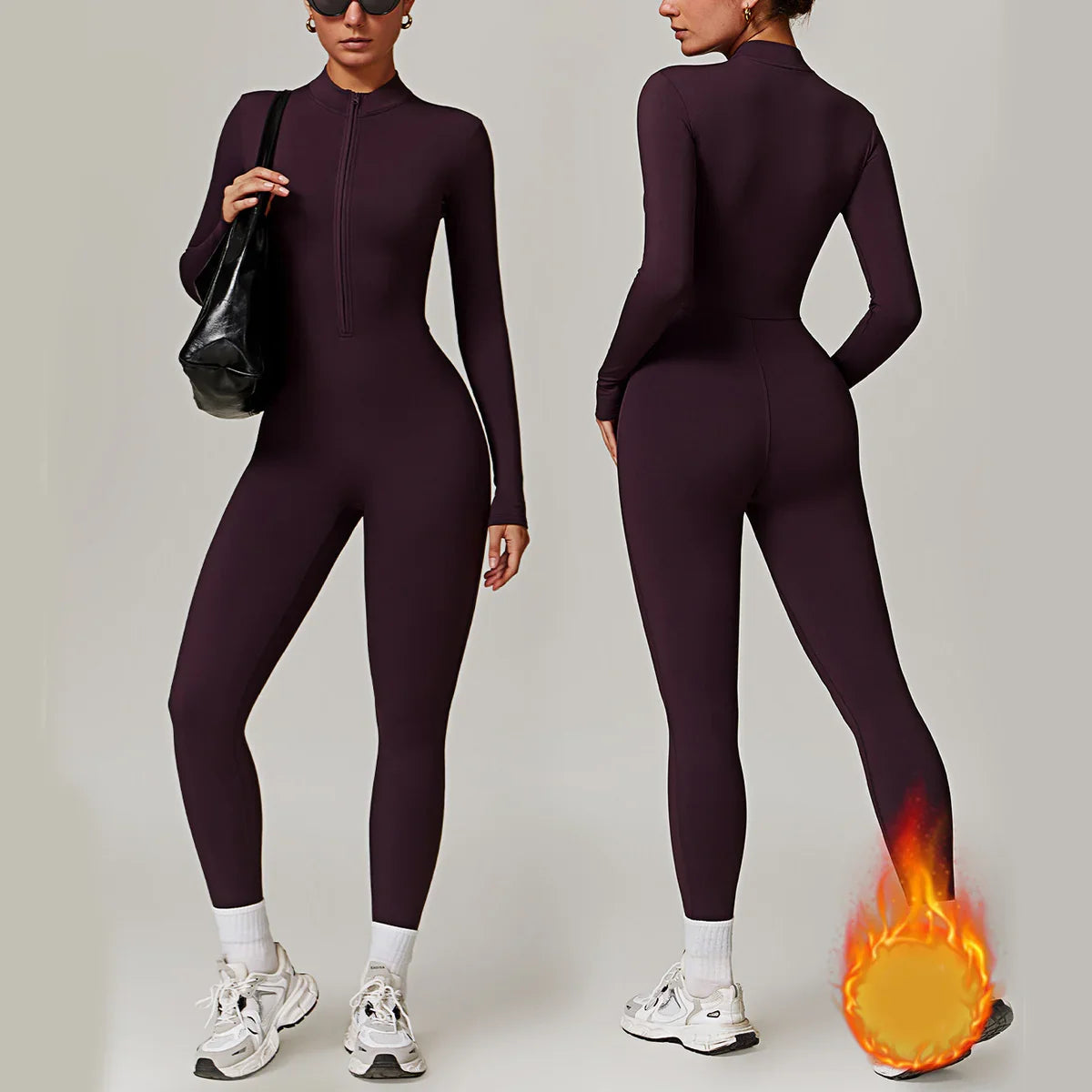 Slim fit, long sleeve, dark purple zip-up jumpsuit in stretchy fabric, streetwear style