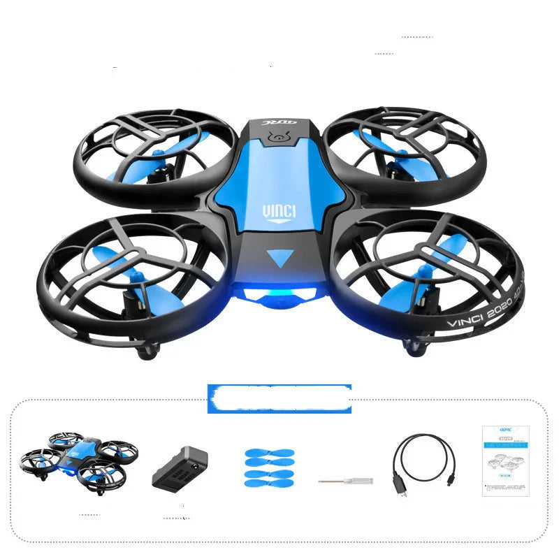Black and blue quadcopter drone with propeller guards, shown with accessories and charging cable.