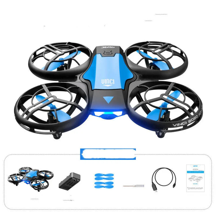 Black and blue quadcopter drone with propeller guards, shown with accessories and charging cable.