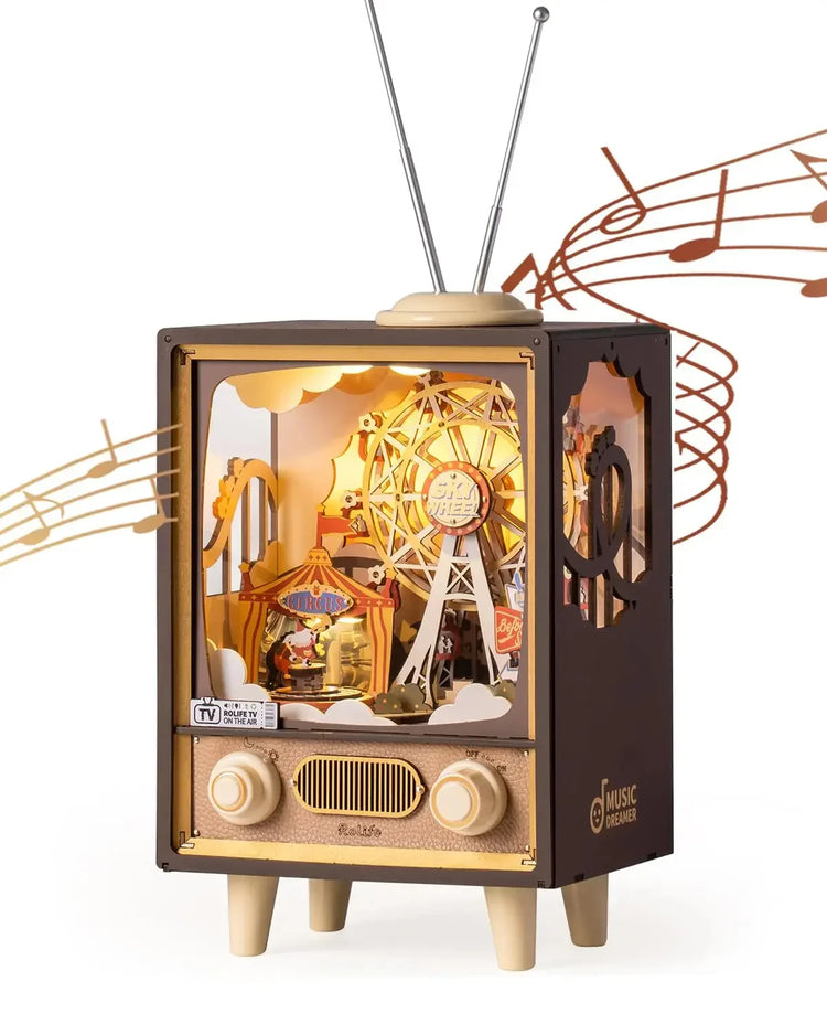 Vintage-style wooden music box shaped like a retro TV with Ferris wheel and circus scene.