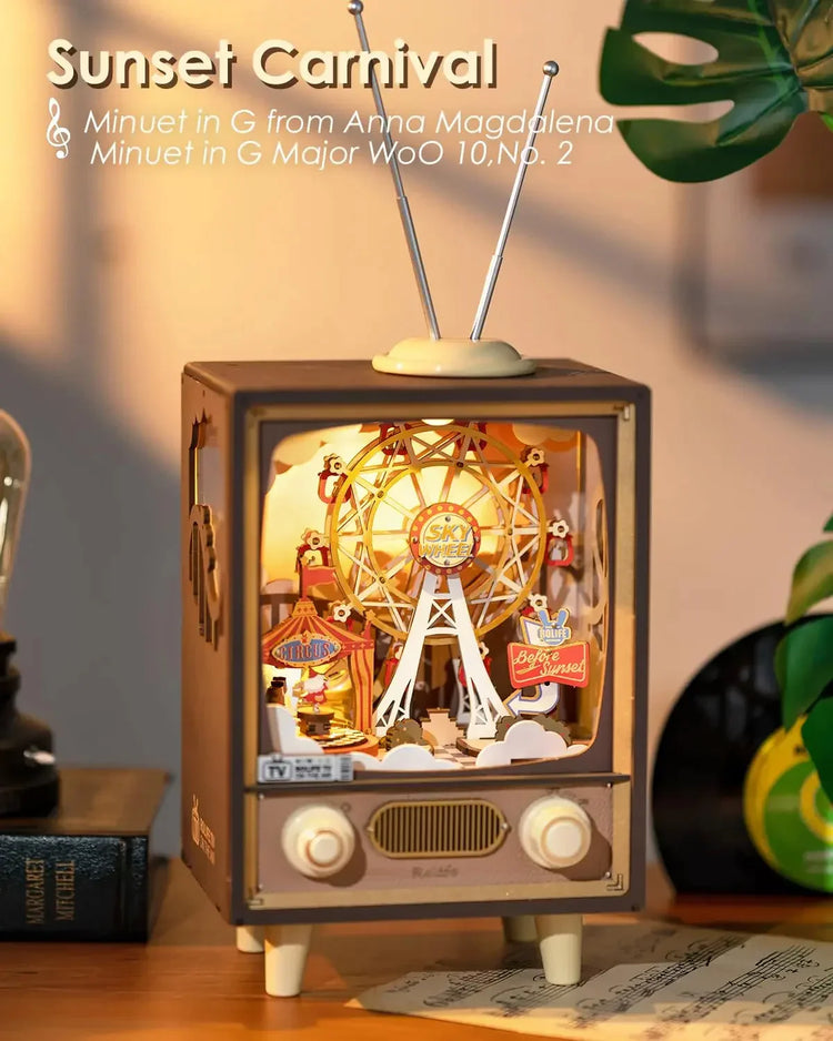 Retro style miniature TV decor with illuminated carnival Ferris wheel, warm lighting, detailed craftsmanship