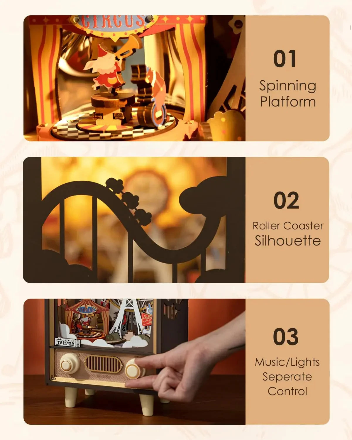 Miniature circus music box with spinning platform, roller coaster silhouette, separate music and lights control, vintage design.