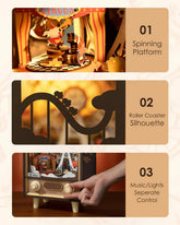 Miniature circus music box with spinning platform, roller coaster silhouette, separate music and lights control, vintage design.
