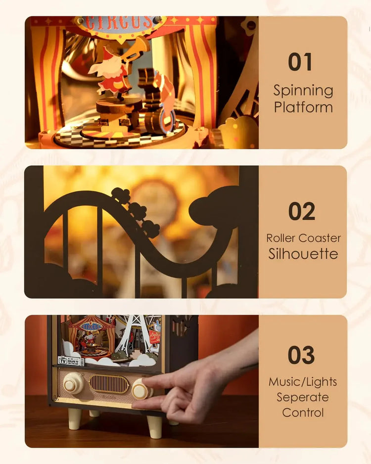 Miniature circus music box with spinning platform, roller coaster silhouette, separate music and lights control, vintage design.