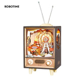 Vintage-style wooden TV music box with circus and ferris wheel diorama, brown and beige finish