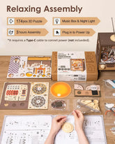 Person assembling a wooden 3D puzzle music box kit with organized parts and instructions on table.