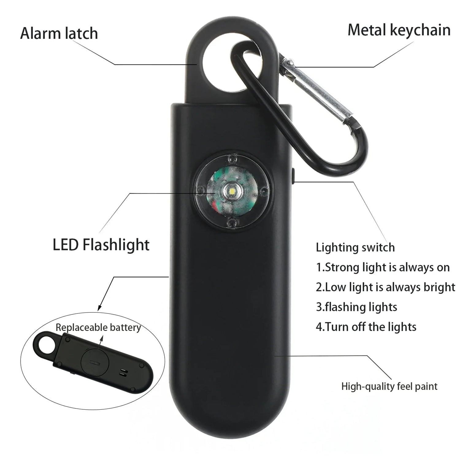 Black personal safety alarm with LED flashlight, metal keychain, and replaceable battery.
