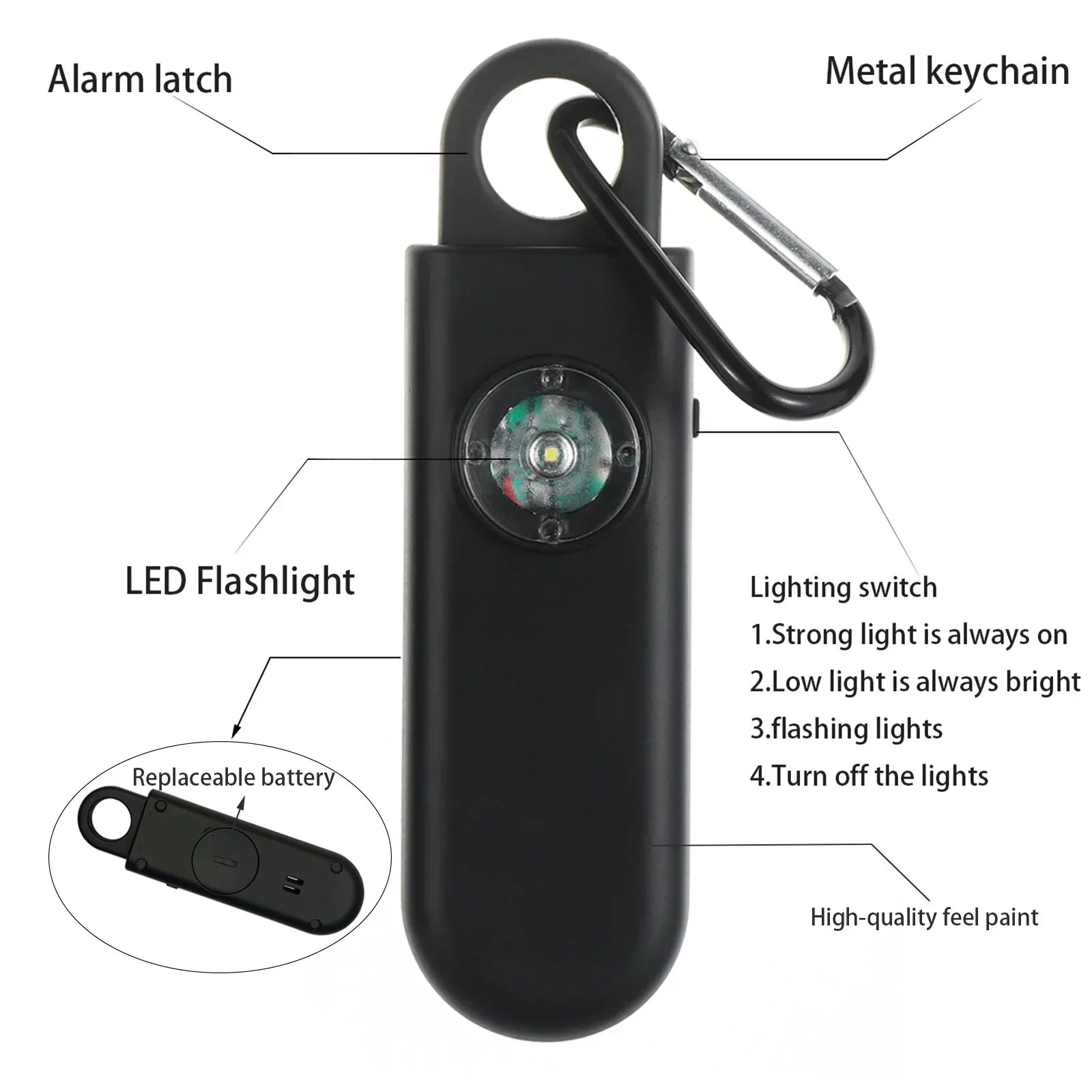 Black personal safety alarm with LED flashlight, metal keychain, and replaceable battery.