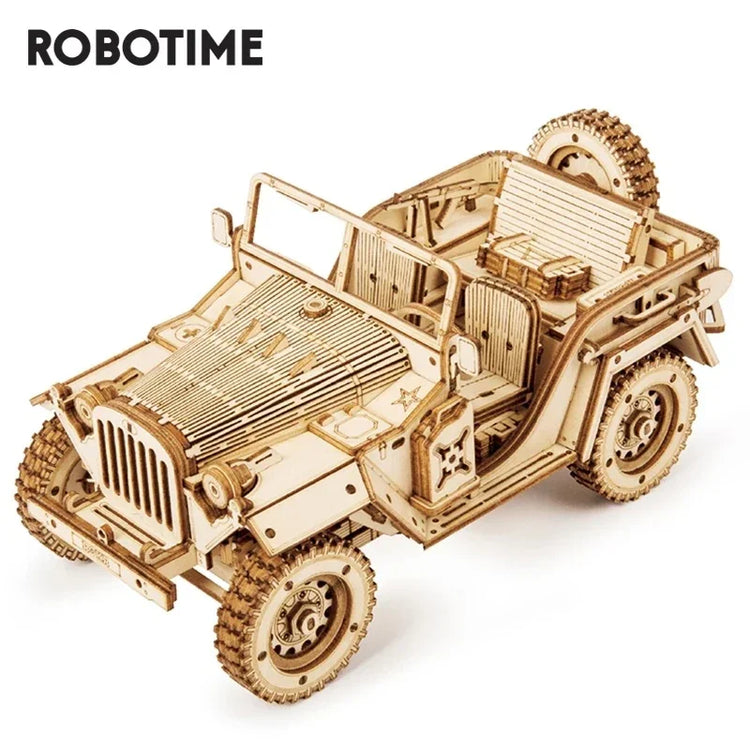 Laser-cut wooden jeep model with intricate details and realistic wheels, beige color, assembled kit.