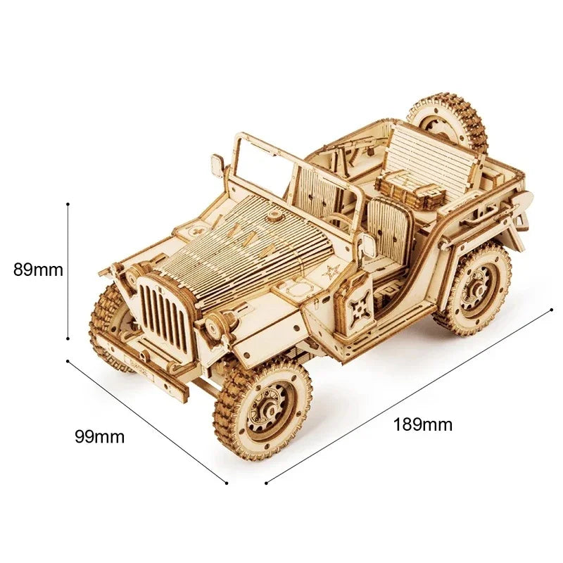 Wooden model of a classic jeep with open top, beige color, detailed parts, and size dimensions.