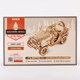 Unassembled wooden 1:18 scale model army jeep kit in vintage military style on package