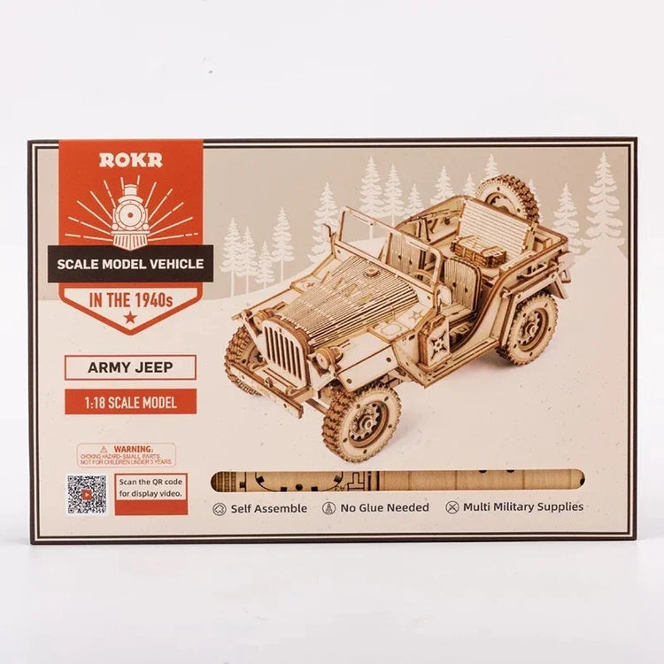 Unassembled wooden 1:18 scale model army jeep kit in vintage military style on package