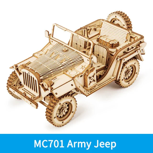 Wooden MC701 Army Jeep 3D puzzle model kit with detailed military vehicle design