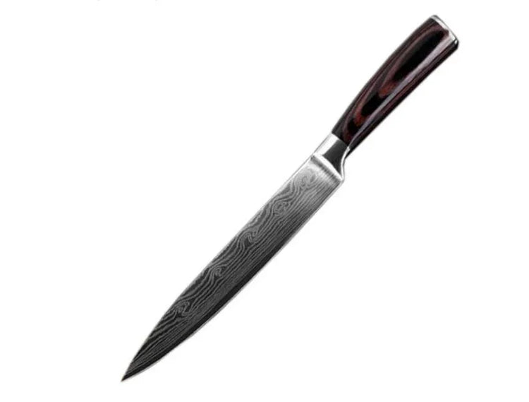 Damascus steel kitchen knife with dark wood handle, sleek design, and sharp blade