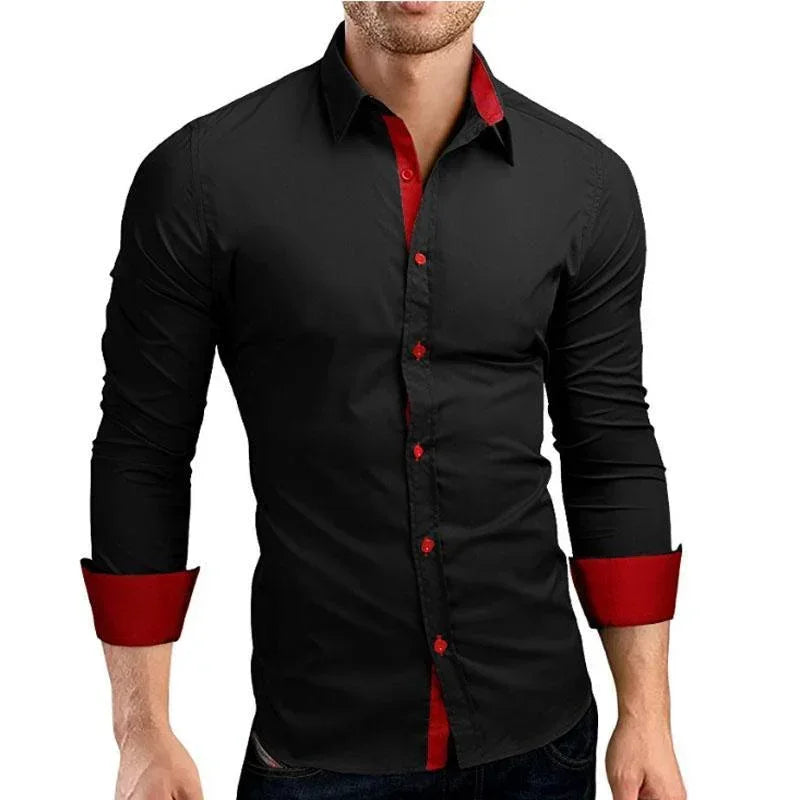 Slim-fit black dress shirt with red accents, long sleeves, and button details