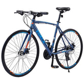Sleek blue road bike with thin tires, lightweight metal frame, and upright fit