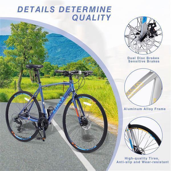 Blue aluminum alloy road bike with dual disc brakes and wear-resistant tires, outdoor setting