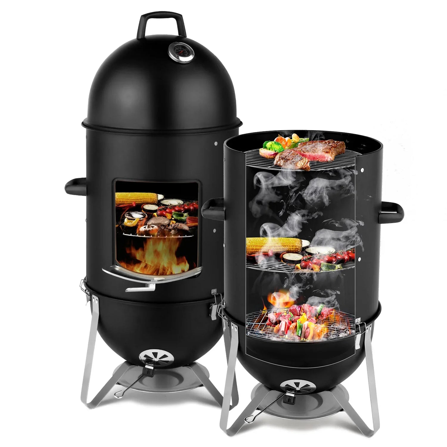 Black multi-tier charcoal smoker grill with fire, grilled vegetables, and meat inside.