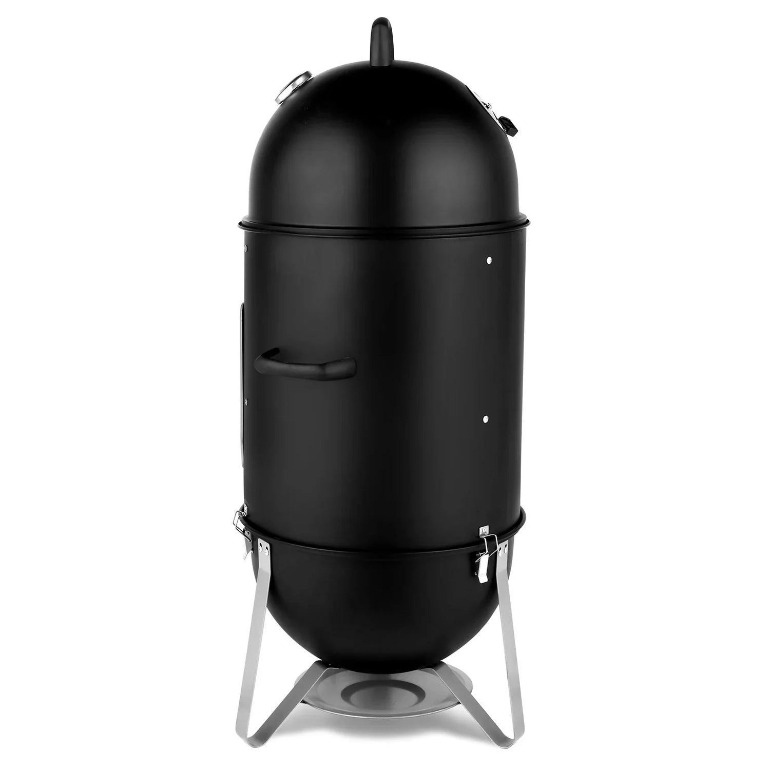 Matte black cylindrical outdoor smoker grill with dome lid and metal legs