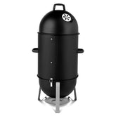 Black vertical metal smoker grill with vented lid and handles, isolated on white background