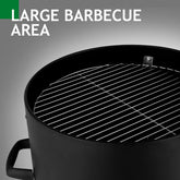 Close-up of a round black metal barbecue grill with large cooking area and chrome grate.