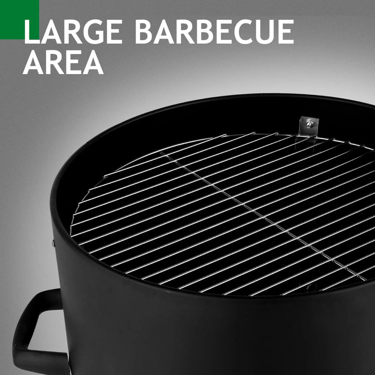 Close-up of a round black metal barbecue grill with large cooking area and chrome grate.