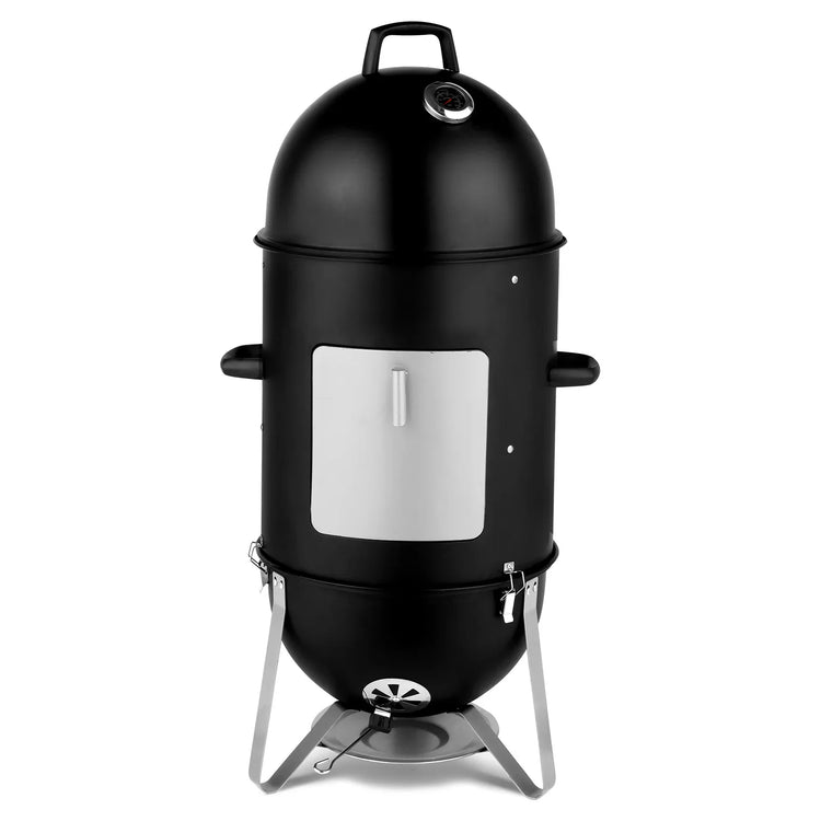 Black vertical charcoal smoker with silver door, metal handles, and built-in thermometer.