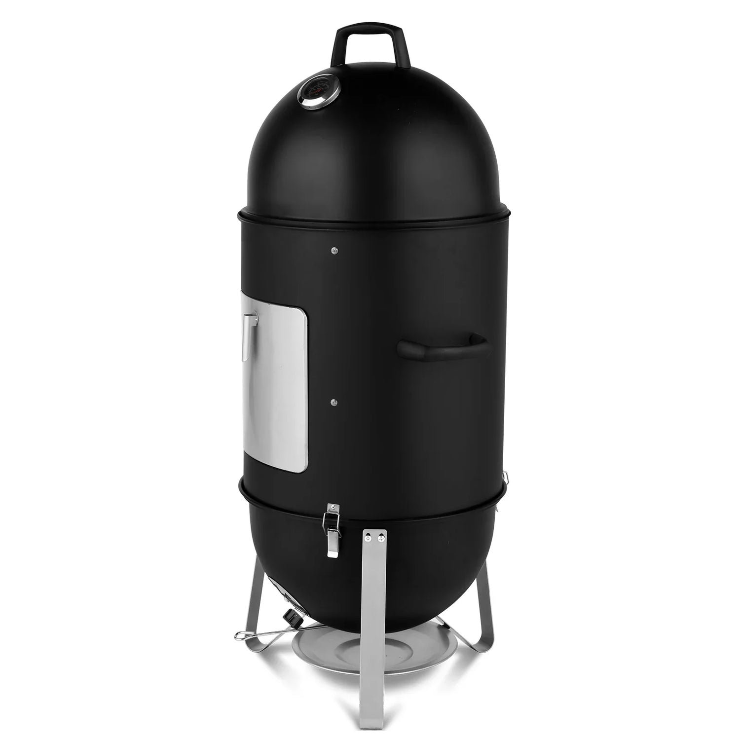 Black cylindrical outdoor smoker grill with silver metal accents and temperature gauge