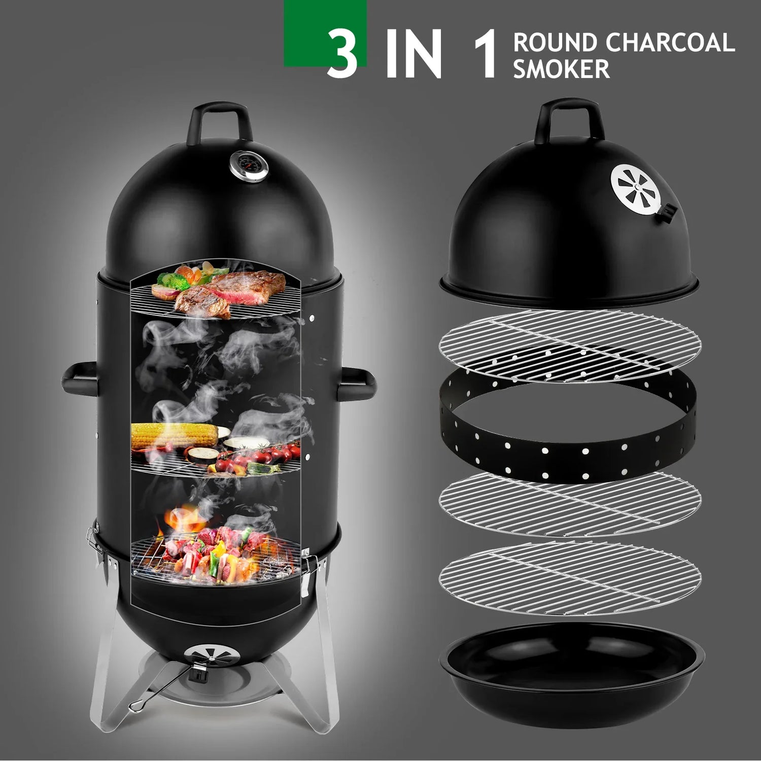 Black 3-in-1 round charcoal smoker grill with metal racks and visible smoked food