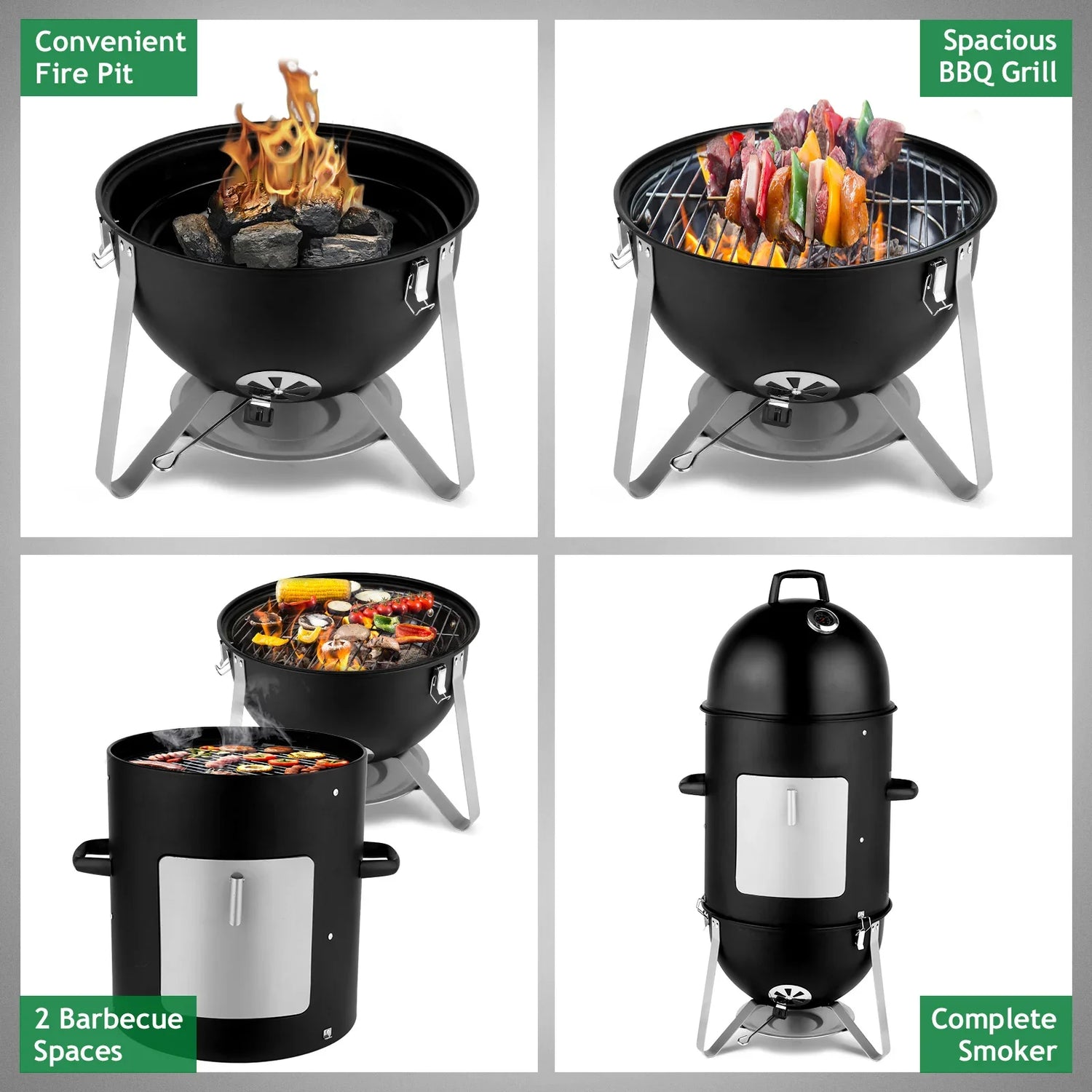 Black multifunctional outdoor grill and smoker with fire pit, BBQ, and dual cooking spaces
