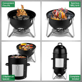 Black multifunctional outdoor grill and smoker with fire pit, BBQ, and dual cooking spaces