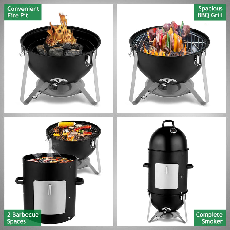 Black multifunctional outdoor grill and smoker with fire pit, BBQ, and dual cooking spaces