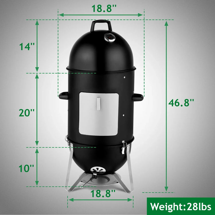 Black vertical smoker grill with lid, handles, thermometer, silver door, size and weight info