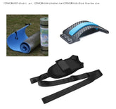 Collection of fitness and stretching accessories including a blue foam exercise mat, a black and blue back stretcher, and a black adjustable support strap with padding.