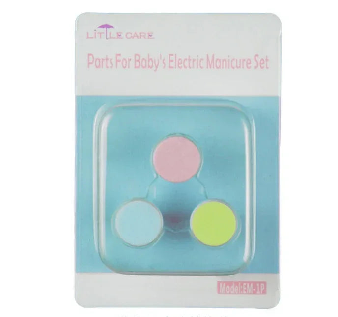Set of three pastel-colored round manicure pads in pink, blue, and yellow, packaged on a card.