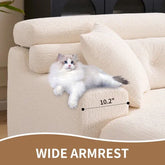 Cream textured fabric sofa with wide armrest, relaxed fit, featuring a lounging cat
