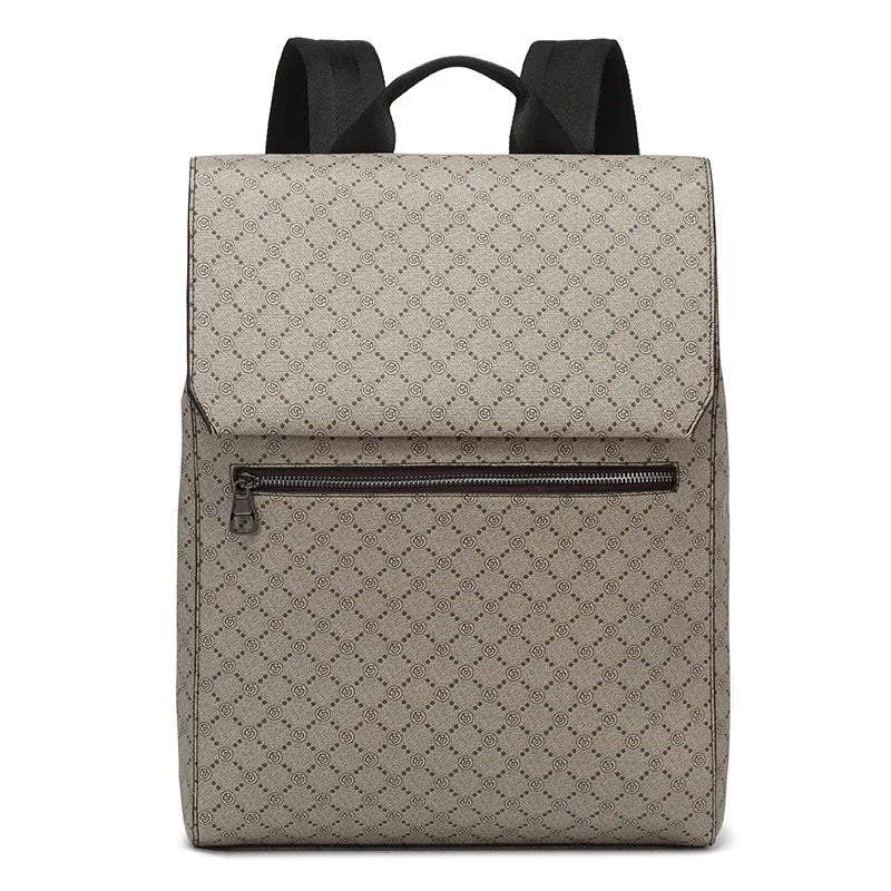 Modern beige backpack with geometric pattern, front zip pocket, and black adjustable straps