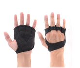 Black fingerless padded workout gloves with honeycomb grip and stretch fit, shown on hands