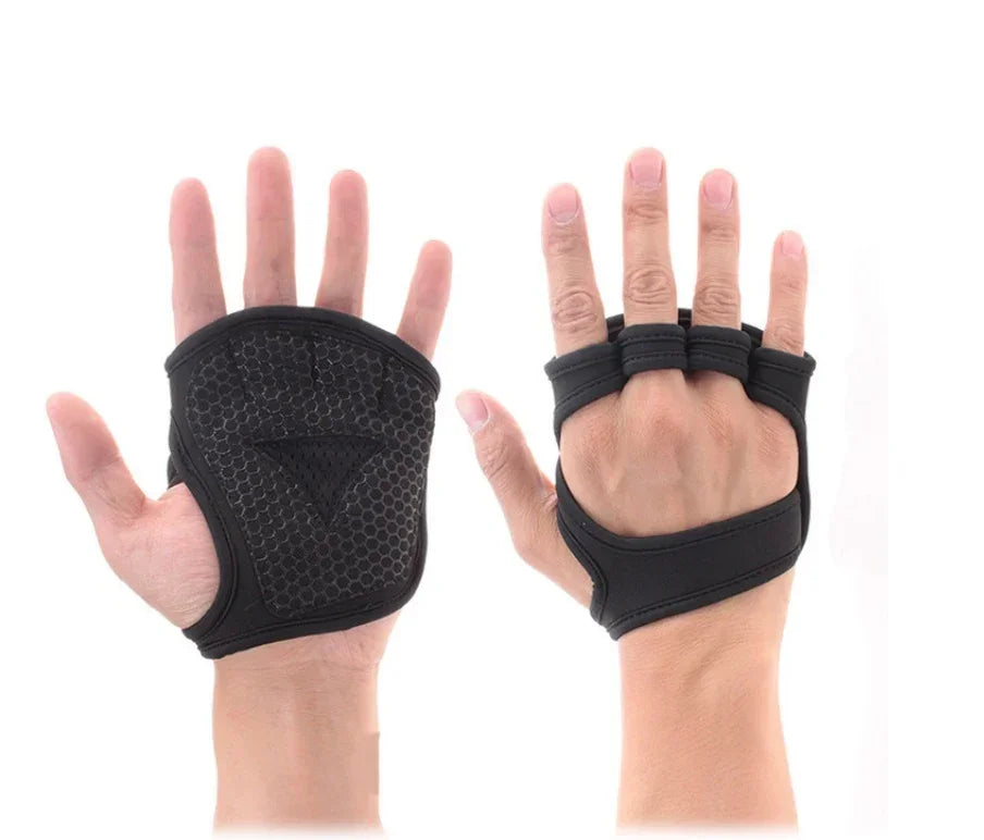 Black fingerless padded workout gloves with honeycomb grip and stretch fit, shown on hands