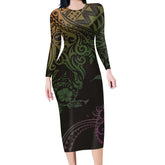Long sleeve bodycon dress with colorful tribal patterns on black, fitted silhouette