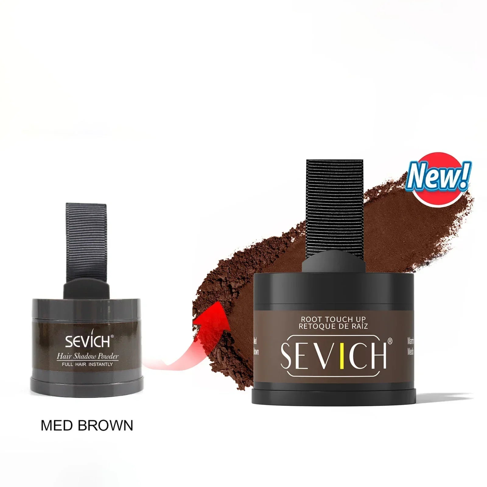 Medium brown hair shadow powder root touch-up in matte finish, cosmetic packaging, with new formula highlight.