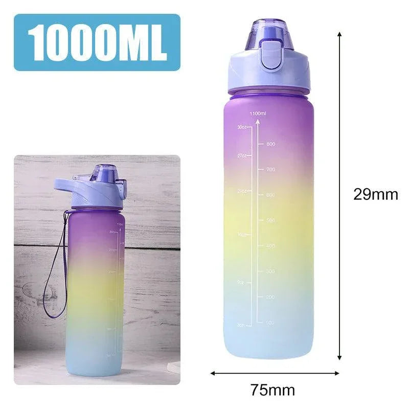 Gradient pastel water bottle with flip cap, 1000ml, marked measurements, plastic material