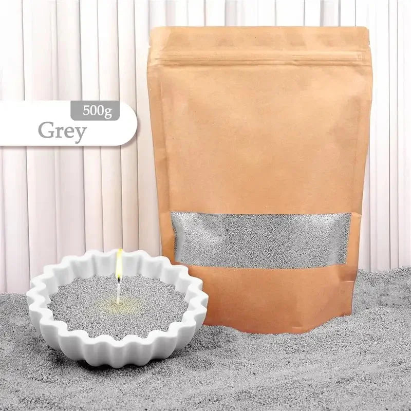 Grey decorative sand in a white bowl and kraft resealable pouch, ideal for home decor crafts
