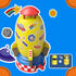 Colorful plastic toy rocket with space-themed stickers and sprinkler attachments