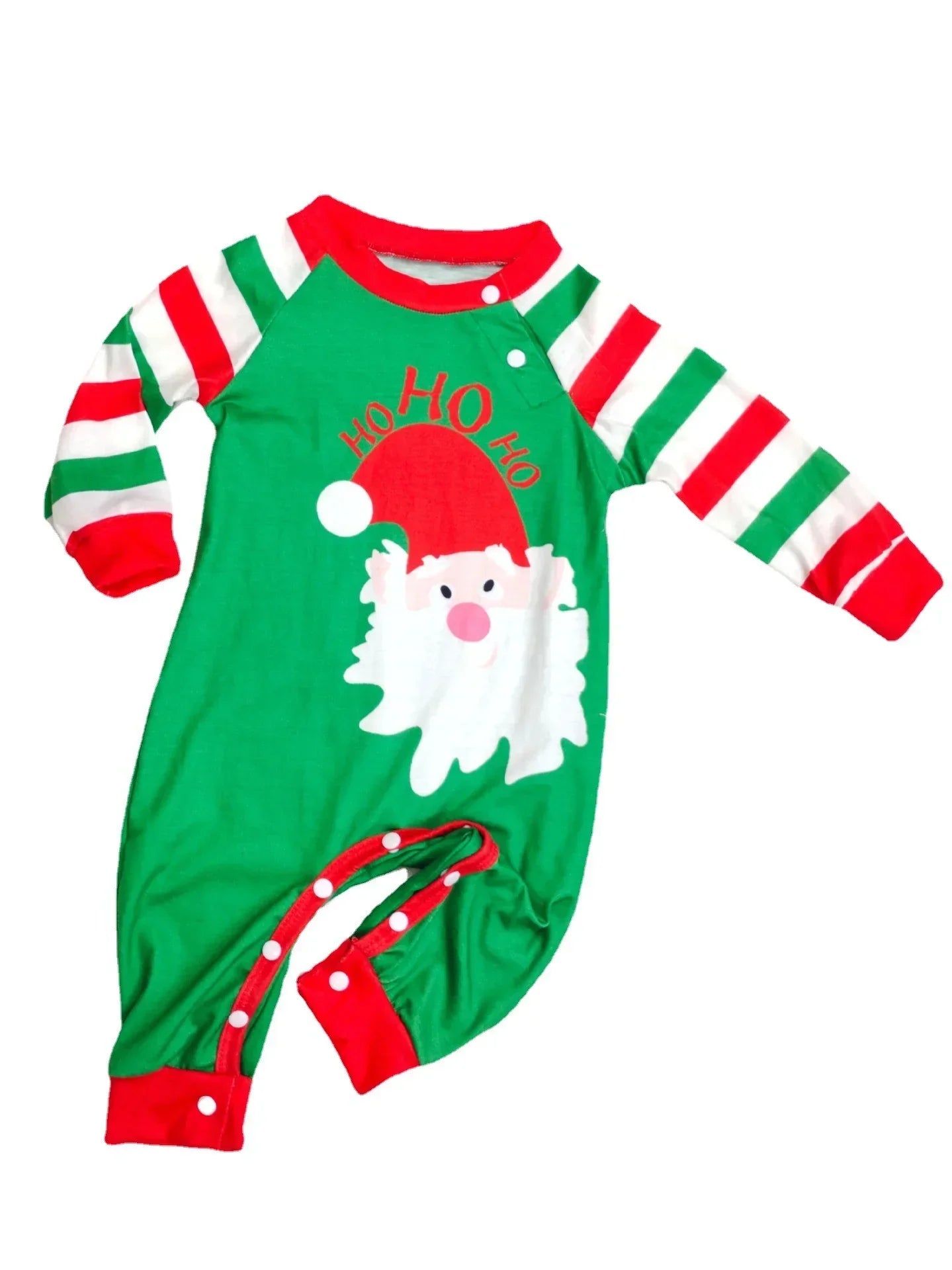 Festive baby romper with green body, red and white striped sleeves, and Santa Claus print