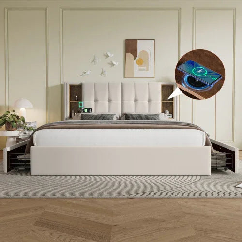 Modern tufted platform bed with beige upholstery, built-in shelves, and wireless charging feature