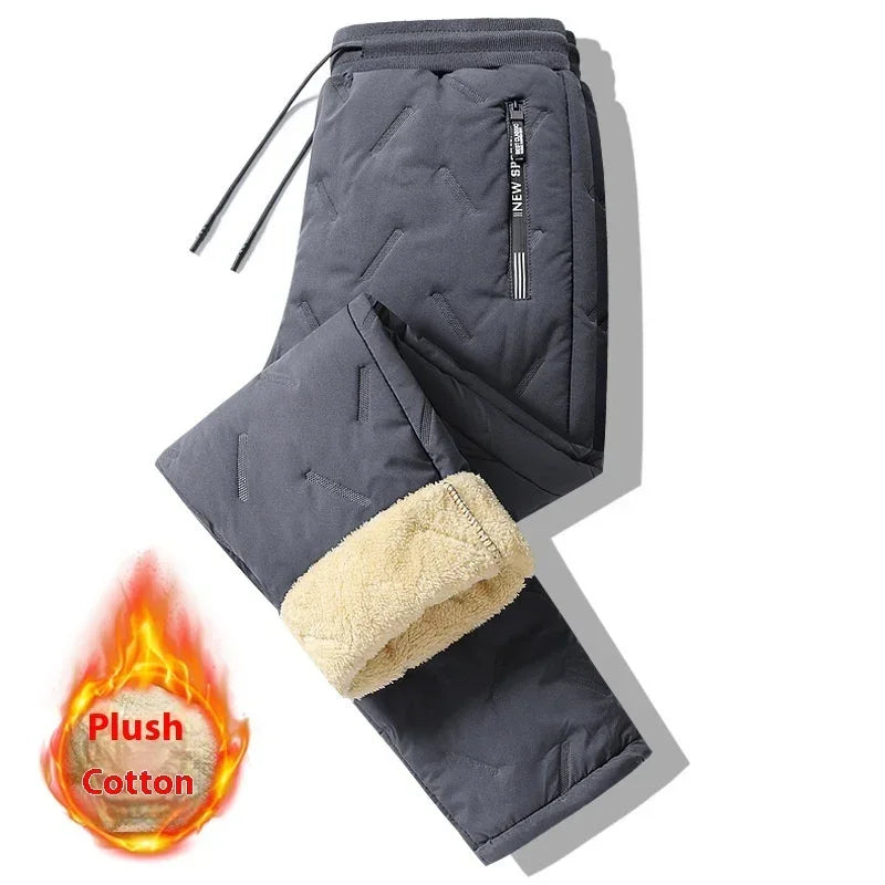 Dark gray quilted fleece-lined jogger pants with drawstring waist and zip pocket, plush cotton interior