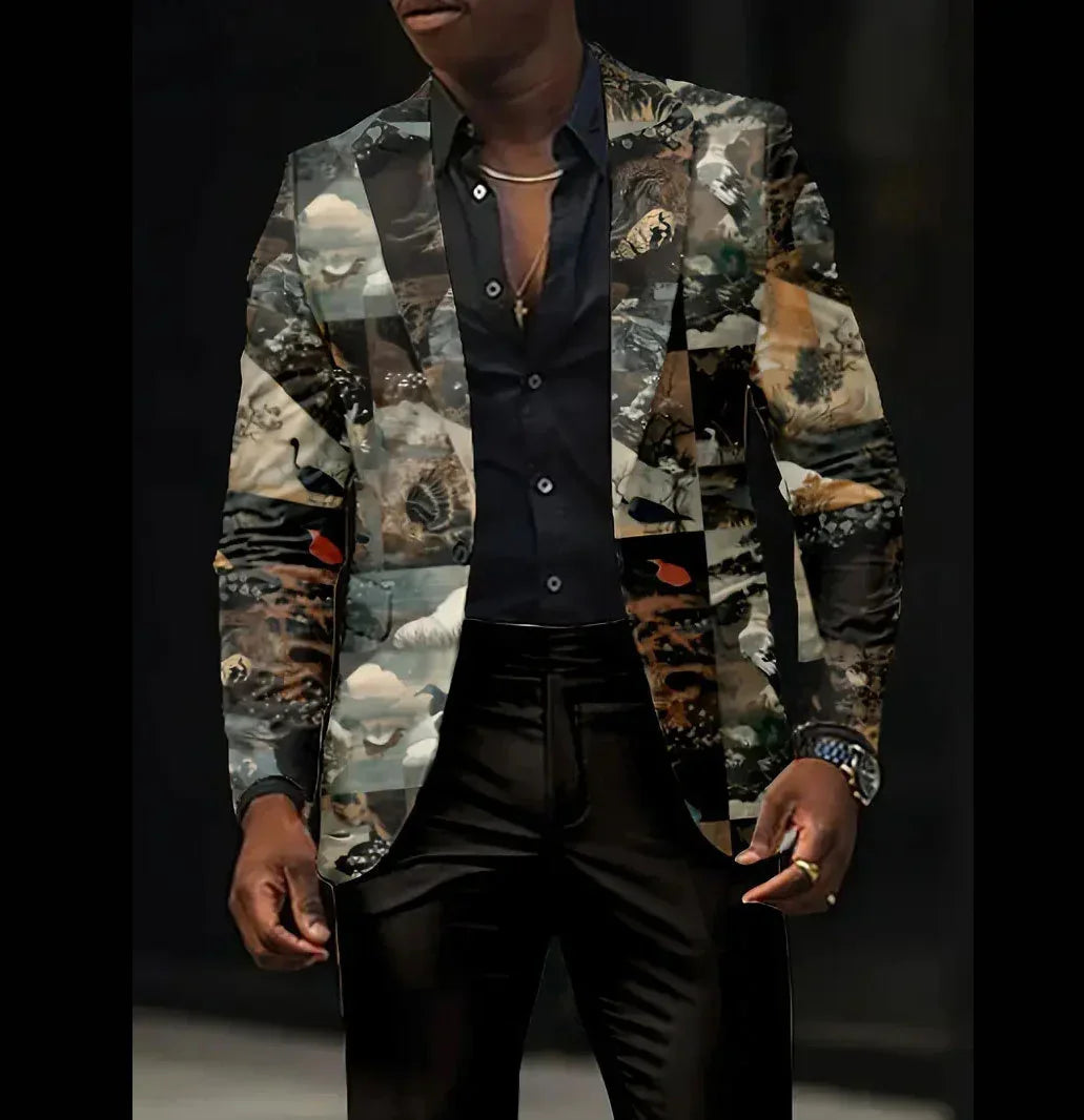 Men's slim fit blazer with bold animal print, dark shirt, and stylish black pants