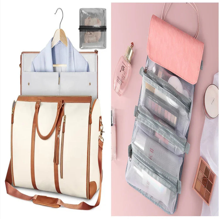 Cream and brown canvas duffel bag with garment section, pink and gray hanging toiletry organizer