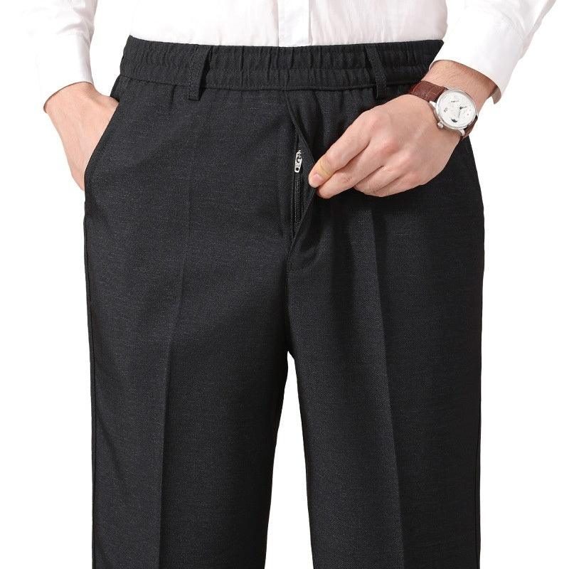 Black straight-leg pants with elastic waistband and front zipper, relaxed fit